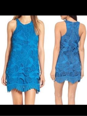 Lovers + Friends Capsian Lace Halter Shift Mini Dress: Blue Cobalt